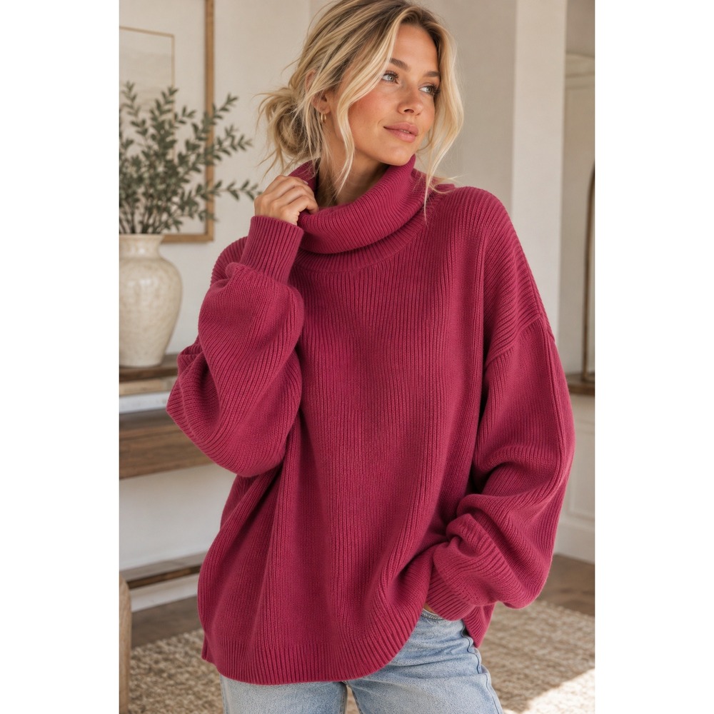 Free People Softly Structured Knit Tunic Berry Pink Turtleneck Sweater Medium